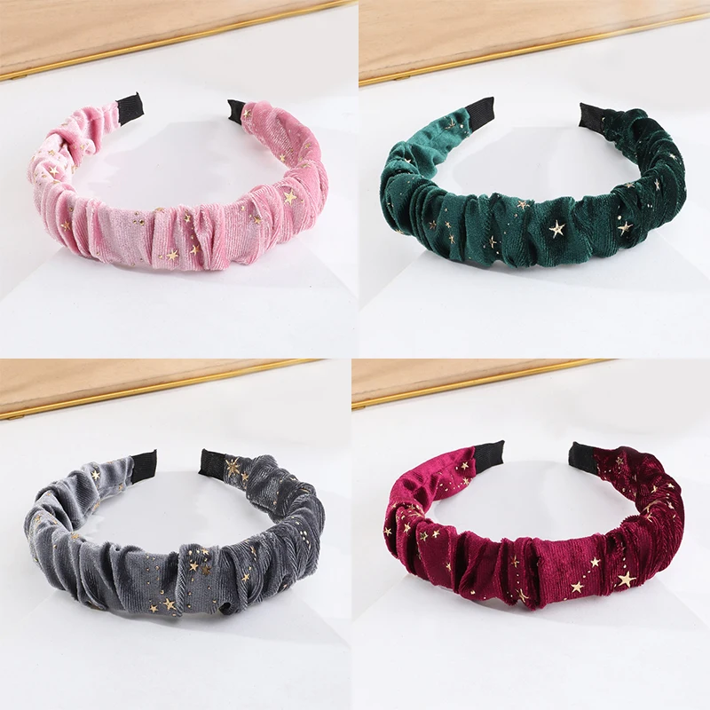 

Женская модная плиссированная бархатная обруч для волос с пятиконечными звездами, однотонная обруч для волос со светлыми звездами, простые...