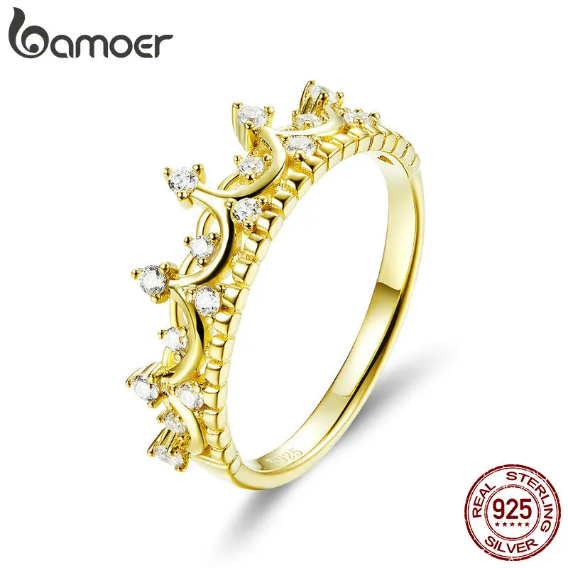BAMOER подлинные 925 пробы Серебряная корона принцессы золотого цвета Корона Кольца для женщин обручальное кольцо ювелирные изделия Anel SCR493