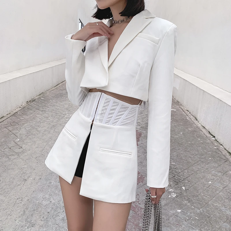 Новинка 2019 модная женская юбка костюм сексуальный короткий Блейзер с длинными