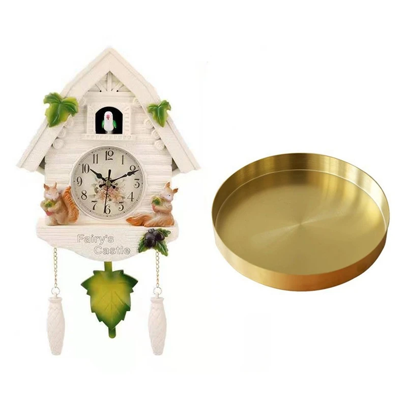 

Cute Bird Wall Clock Alarm Cuckoo Time Alarm Clocks With Round Gold Tray, Makeup Tray Organizer ​For Vanity,11.8 Inch