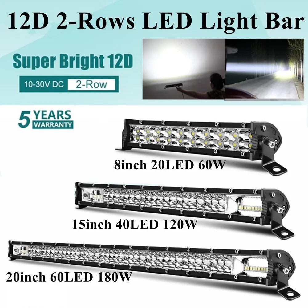 

Super Slim 12D 8" 15" 20" 60W 120W 180W LED Bar Spot Flood Beam LED Light Bar 2-Rows Work Light for Offroad 4x4 Trucks SUV ATV