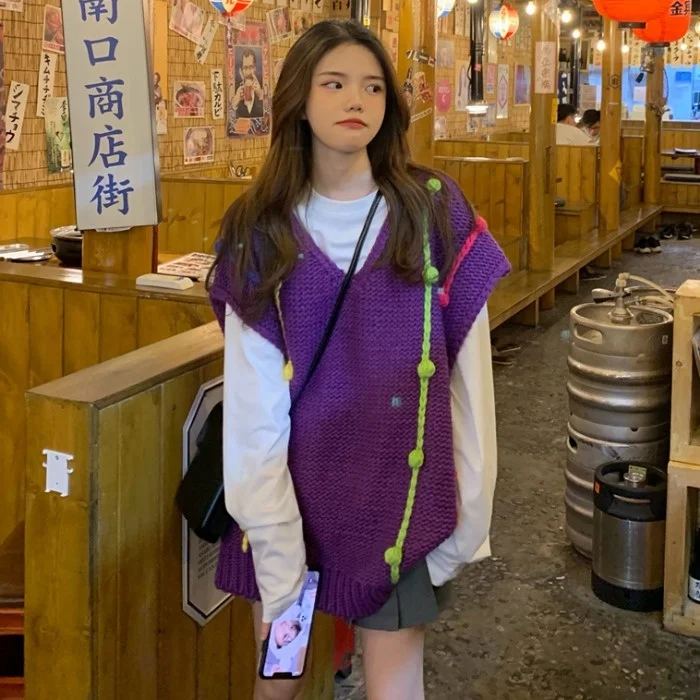 Новинка 2021 жилет с V-образным вырезом Женский свитер меховым помпоном