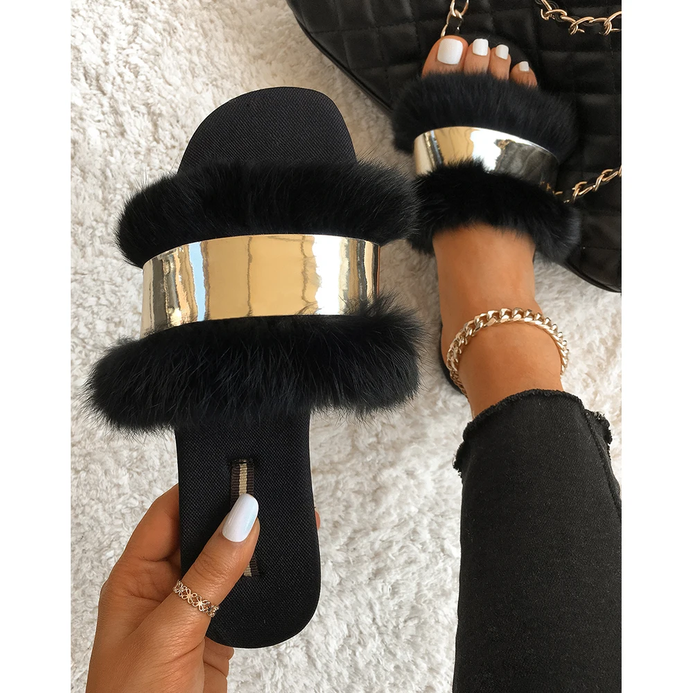 

Real Rabbit Fur Slippers Fluffy Flip Flops Furry Fur Slides Ladies Gold Luxury Plush Slippers Flat Sandals Designer Women Shoes