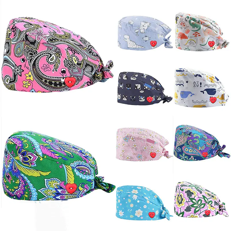 

Baotou Doctor Cap Button Printed Operating Room Hat Solid Color Surgical Cap Fashion Pure Cotton Sweat-Absorbent Towel Nurse Hat