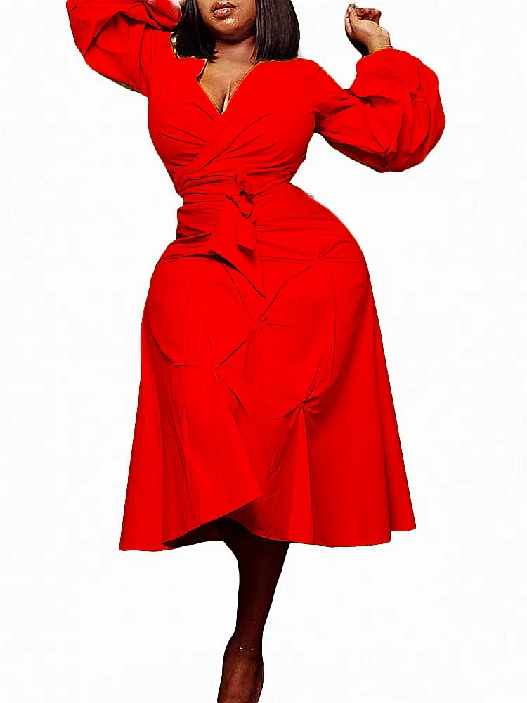 

Party Dashiki Pleated Dress Women's New African Costume Large Size V-Neck Long Sleeve Belt Fashion Elegant African Dress 2021