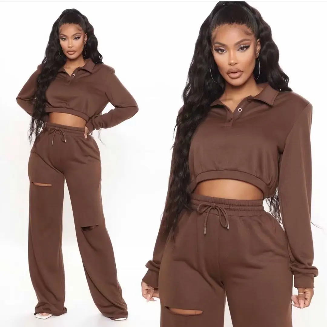 

Women Cotton Sport Long Sleeve Sweatshirt T Shirt Turn Down Collar Sweater Elastic Wide leg Pant Loose Trouser Two Pcs Set