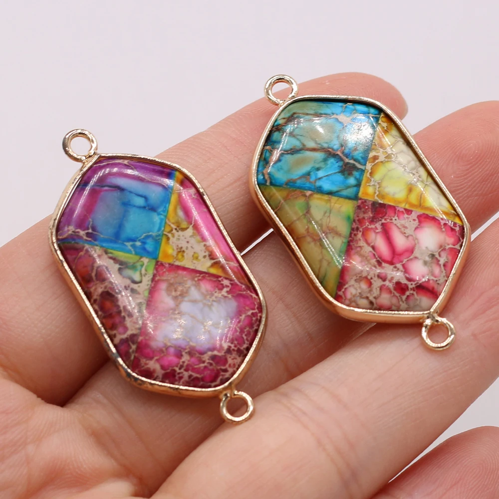 

Natural Semi-precious Stone Pendant Gilded Edge Hexagon Connector Emperor Stone 20x42mm for Jewelry Making Necklaces Gift