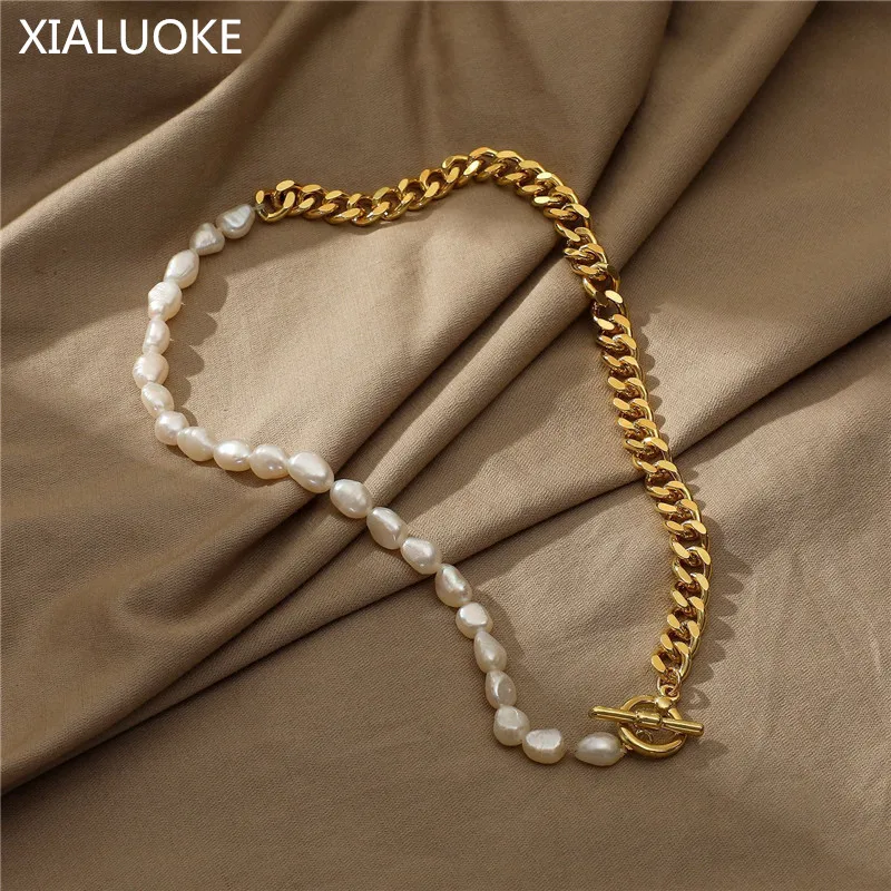 

XIALUOKE Punk Metal Chain Freshwater Pearl Necklace For Women Baroque Beaded OT Clasp Short Chokers Necklaces Party Jewelry