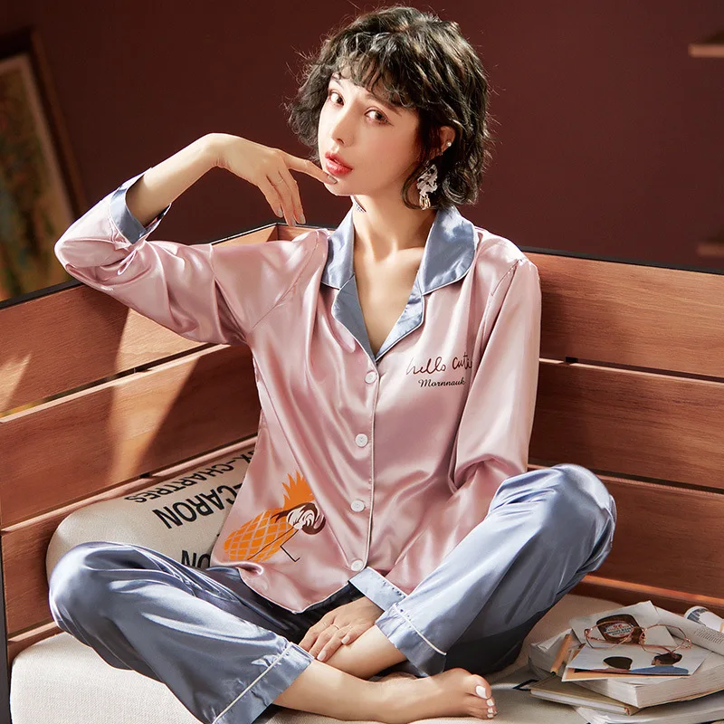 

Plus Size Womens Silk Satin Pajamas Flora Print Pyjamas Set Long Sleeve Sleepwear Pijama Suit Female 2 Piece Nightie Lounge Wear