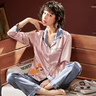 Женская шелковая атласная пижама, пижамный комплект с цветочным принтом, одежда для сна с длинным рукавом, Пижамный костюм, женская ночная рубашка из 2 предметов, одежда для отдыха