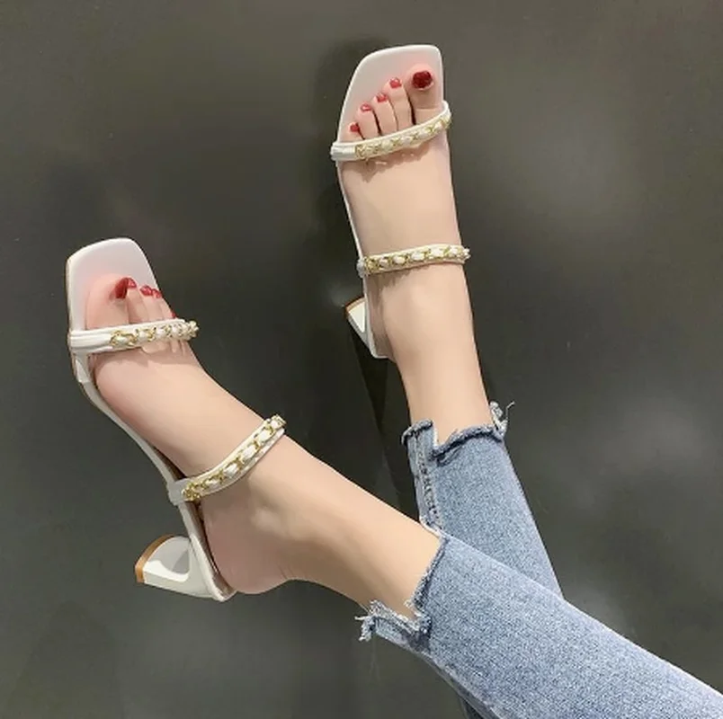 

2021 Summer New Women Slipper Fashion Brand Weave Sandal Shoes Thin High Heel Narrow Band Ladies Elegant Dress Slides