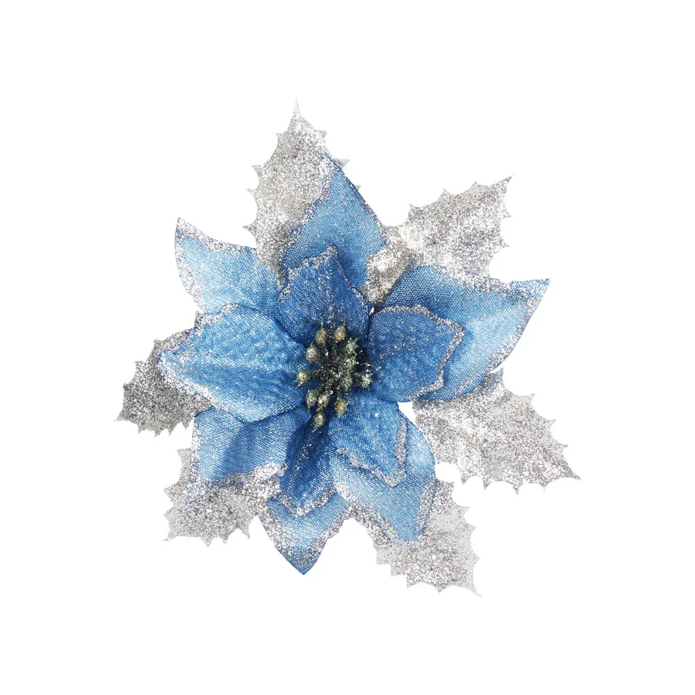 Blue(17cm) 12pcs/lot Artificial Christmas Flowers Plastic&Cloth Glitter Hollow Flower For Christmas Tree Decoration DIY Xmas New Year Decor - Цвет: Blue(17cm)