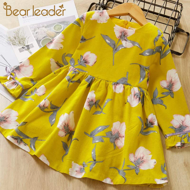 Bear leader/платье для девочек новые весенние Вечерние Платья повседневные Детские платья с оборками трапециевидная полосатая одежда с длинными рукавами для детей от 3 до 7 лет
