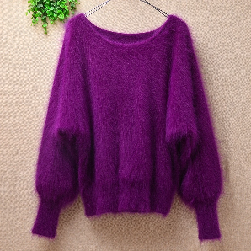 

female women autumn winter clothing purple mink cashmere knitted long batwing sleeves loose o-neck pullover angora fur sweater