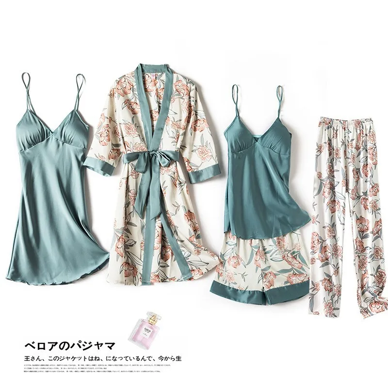 Print Flower Wedding Robe Set Women Sexy Nightwear Nightgown Suit Loose Kimono Bath Gown Silky Soft Satin Home Clothes Lingerie