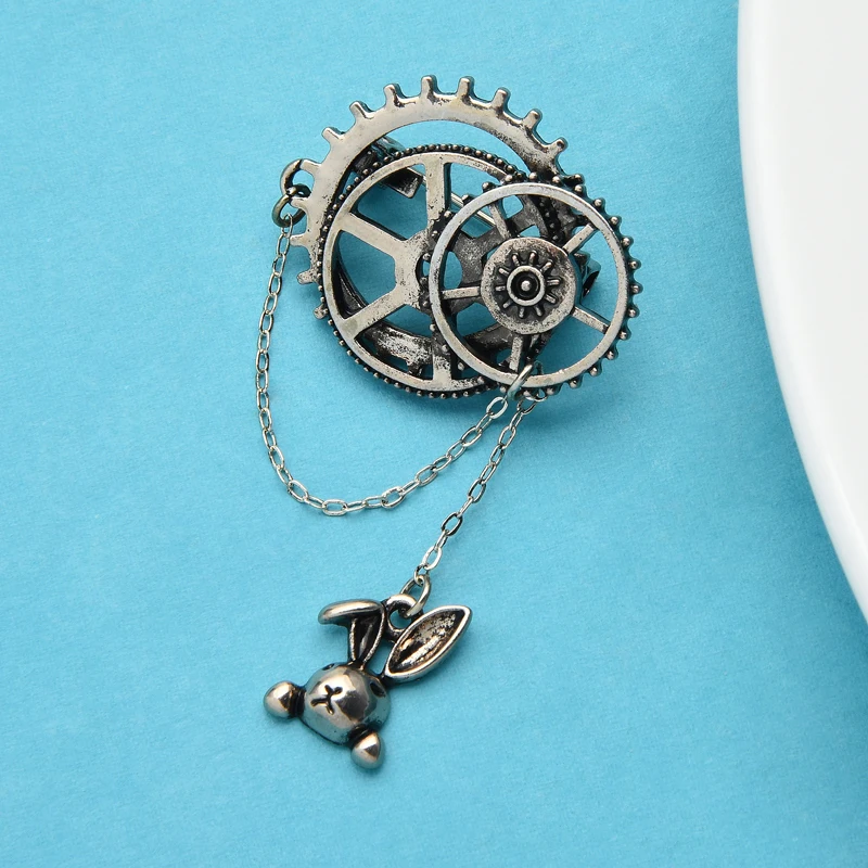 

Wuli&baby Tin Alloy Horological Gear Vingtage Enamel Brooch Pins Rabbit Head Chain Badge Men And Women Gift