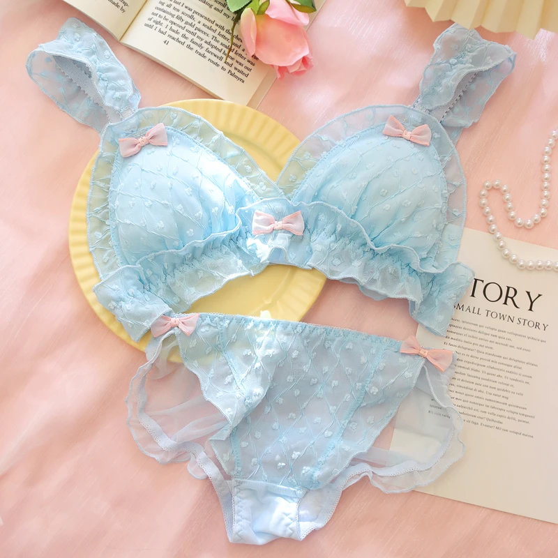 

Sweet Janpanese Lolita Cotton Lace Bow Design Small Fresh Underwear Set Young Girls Lingerie Small Chest Sleep Bra & Panties Set
