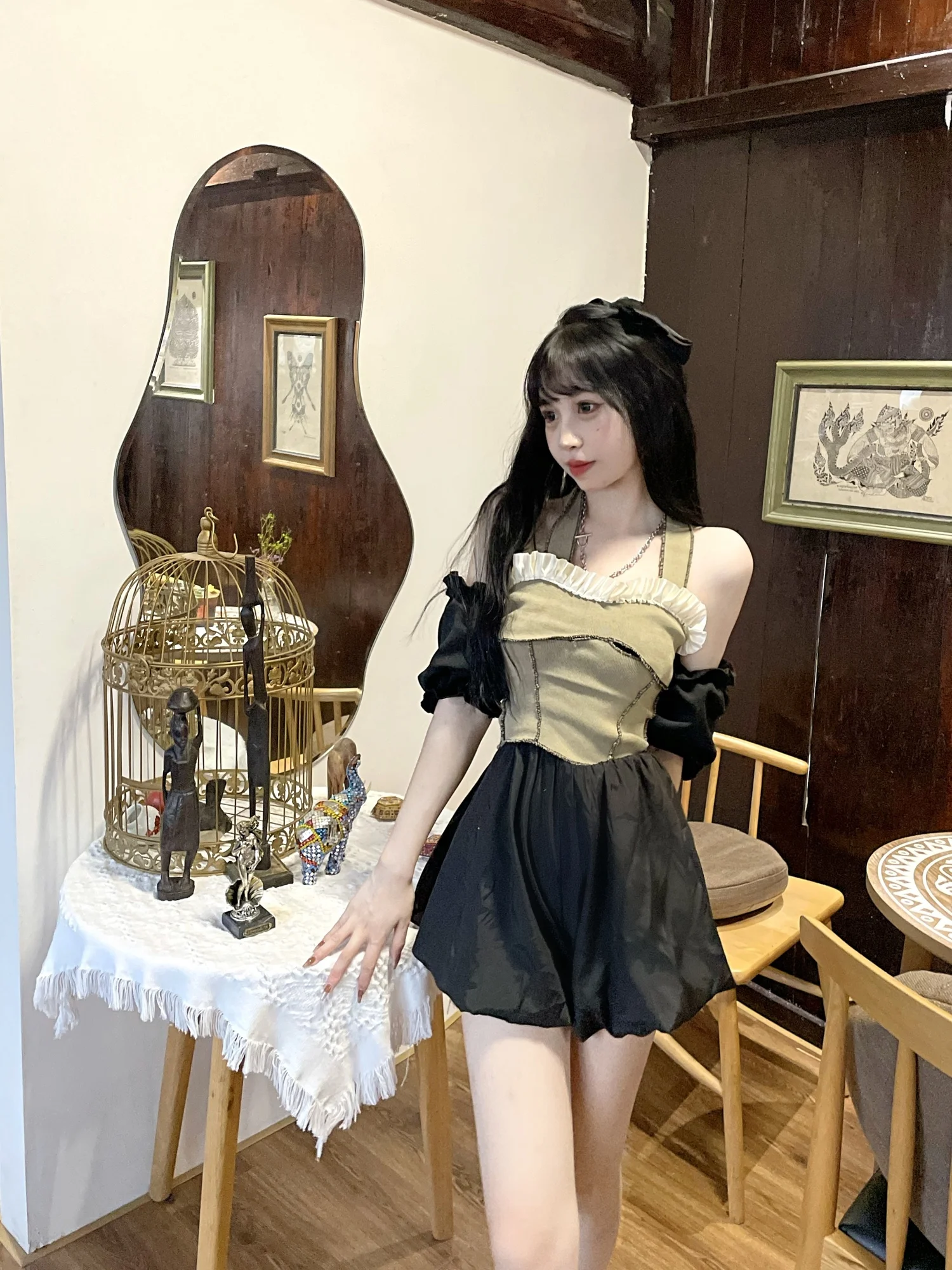 Комплект из юбки и топа с коротким рукавом деревянными ушками | Женская одежда