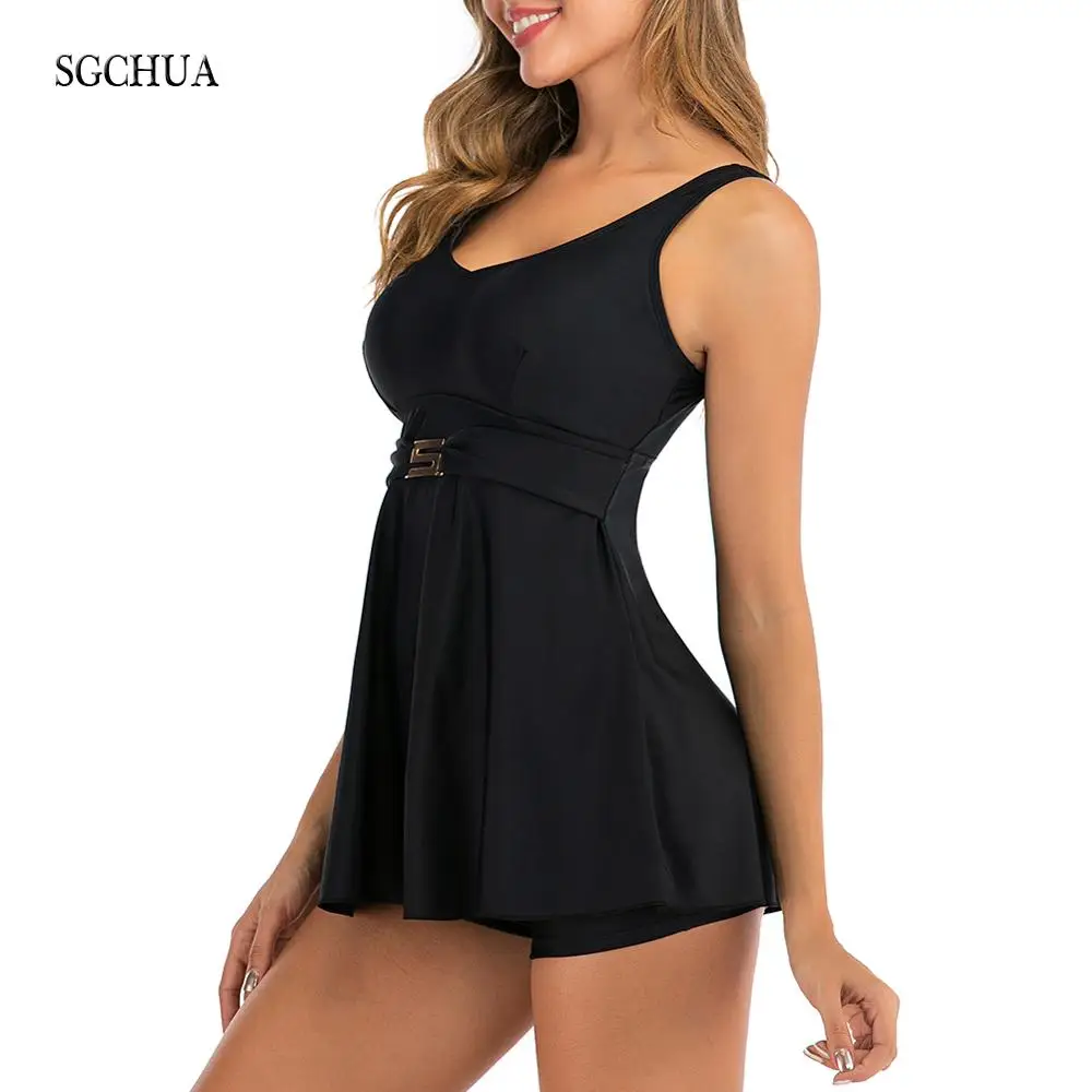 SGCHUA 2020 New Solid Black 5XL Tankini with Golden S Belt Plus Size XXXL Two Piece Swimsuit Women Beach Boxer Swimwear for Fat