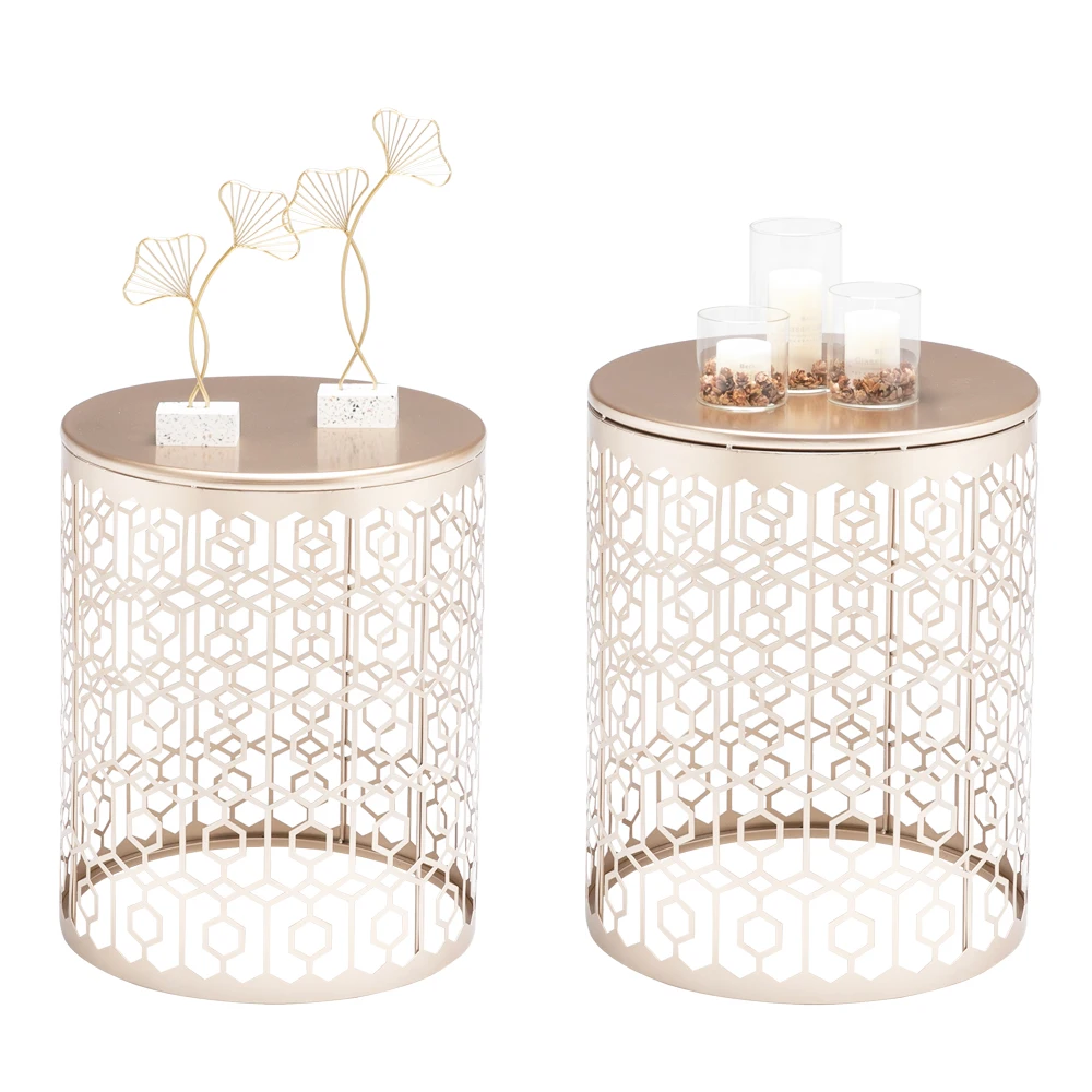 

2 Gold Hollow Cylindrical Side End Coffee Tea Tables for Living Room Bedroom Casual Space Etc[US-Stock]