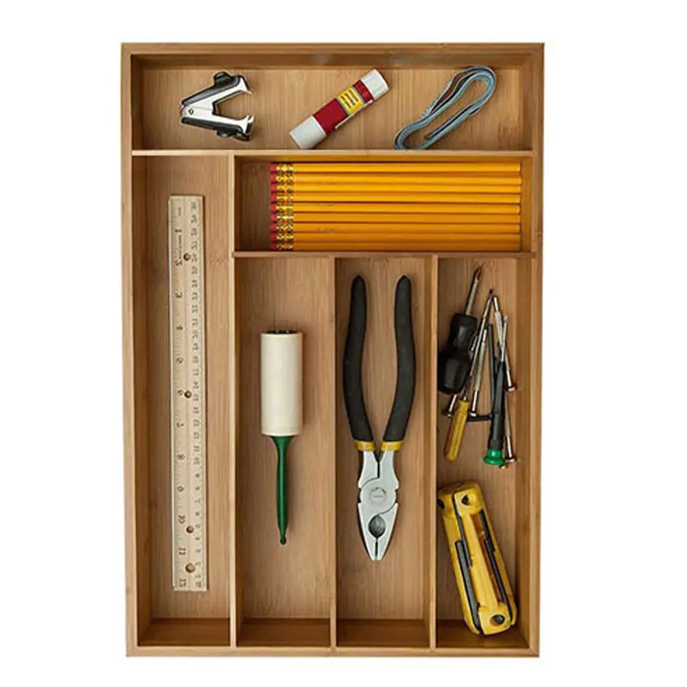 Bamboo Drawer Organizer Wooden Utensil Flatware Holder Kitchen Drawer Storage Box 6 Grid Cutlery Storage Box Household Organizer
