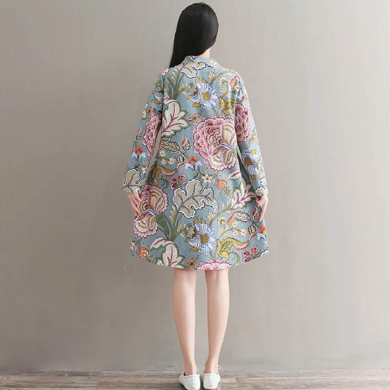 

Chinese National Style Spring Autumn Mini Dress Gorgeous Printed Femininos Vestidos Plus Size Cotton Linen Dress For Women