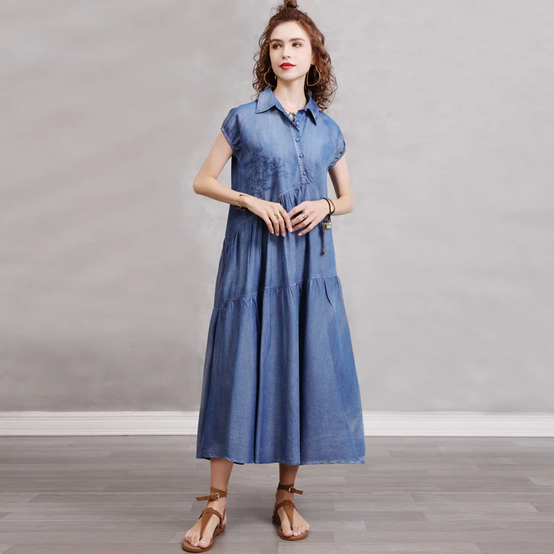 

Johnature Women Tencel Denim Dress Turn-down Collar Short Sleeve Embroidery Button Clothing 2021 Summer New Loose Vintage Dress