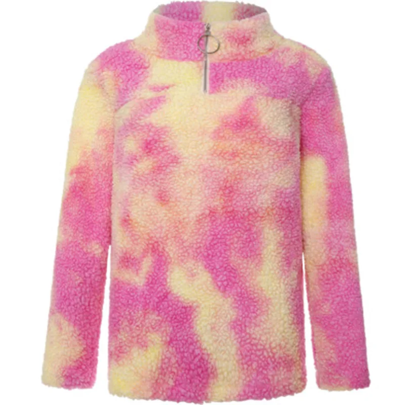

2021 autumn and winter hot sale plush zipper long-sleeved loose pullover women's tie-dye hoodie