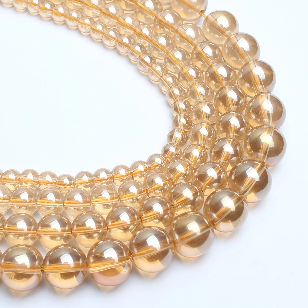 

Wholesale 6/8/10/12mm Natural Champagne Transparent Metallic Titanium Coated Quartz Crystal Smooth Round Beads Accessories 15"