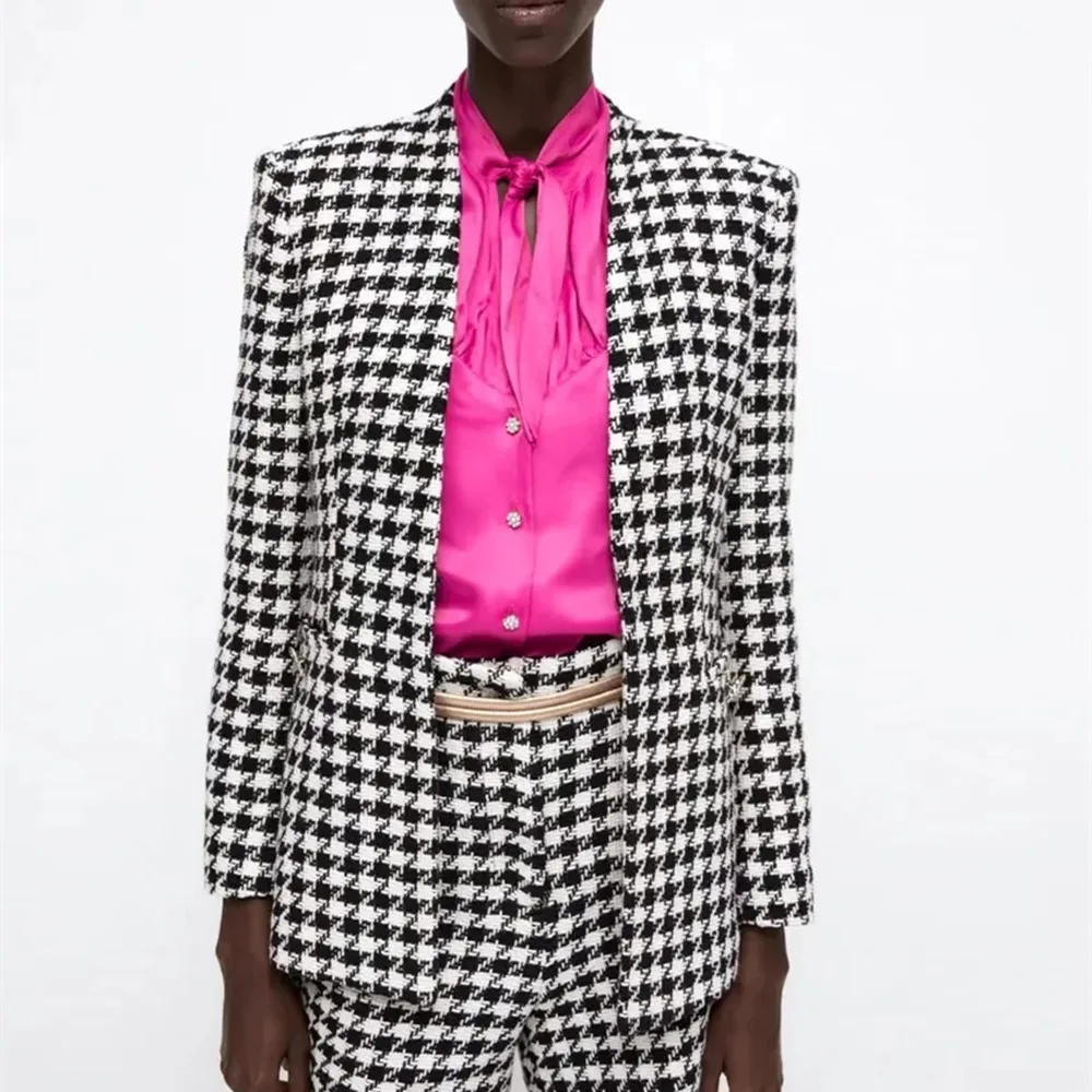 Женский твидовый пиджак с длинным рукавом, элегантный офисный пиджак в винтажном стиле из твида с рисунком «гусиные лапки», 2021