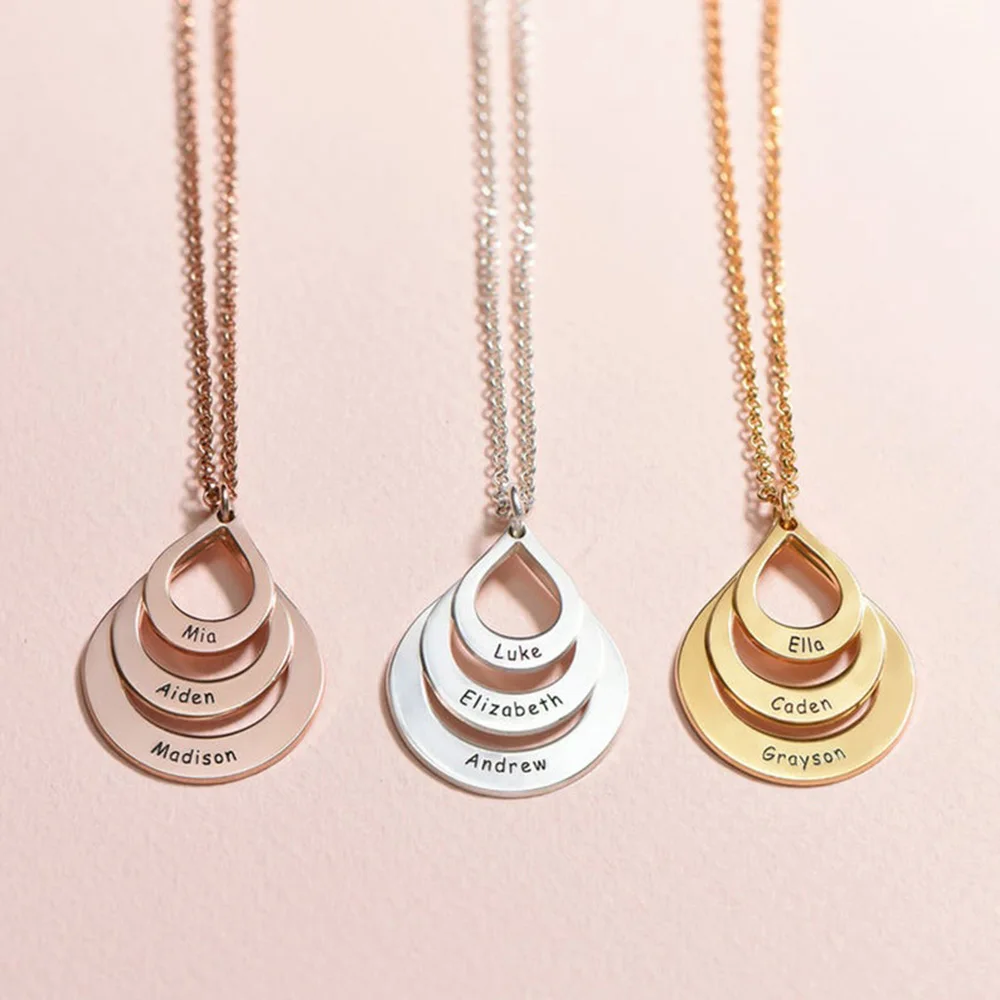 

HUHUI Custom 2-5 Names Family Necklace Personalized Circle Pendant Engraved Name Stainless Steel Women Jewelry Mom Grandma Gift