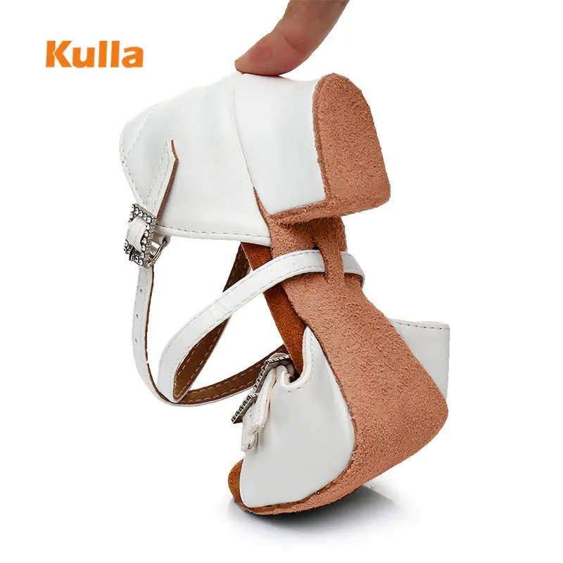 

Salsa Dance Shoes Children Latin Tango Dancing Women White Low Heel 3cm Rhinestone Soft Sole Party Workout Girls Ballroom Shoes