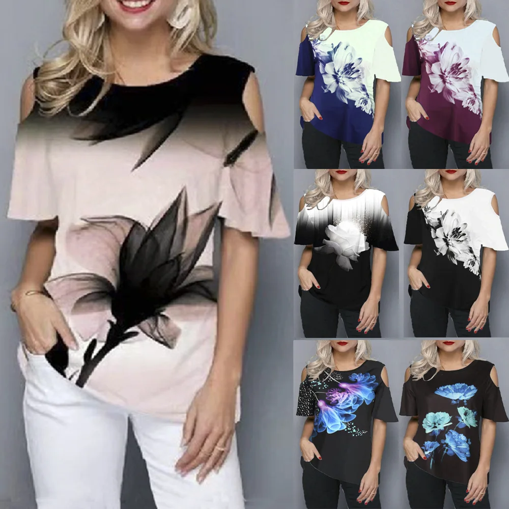 

Spring and summer new Amazon explosions women's large size loose 3D flower print round neck strapless short-sleeved T-shirt