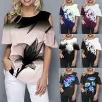 spring and summer new amazon explosions womens large size loose 3d flower print round neck strapless short sleeved t shirt