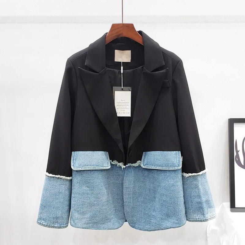 

Streetwear Fashion Denim Spliced Blazer Jackets Women Autumn Korean Long Sleeve Suit Jacket Coat Female Loose Casual Outerwear