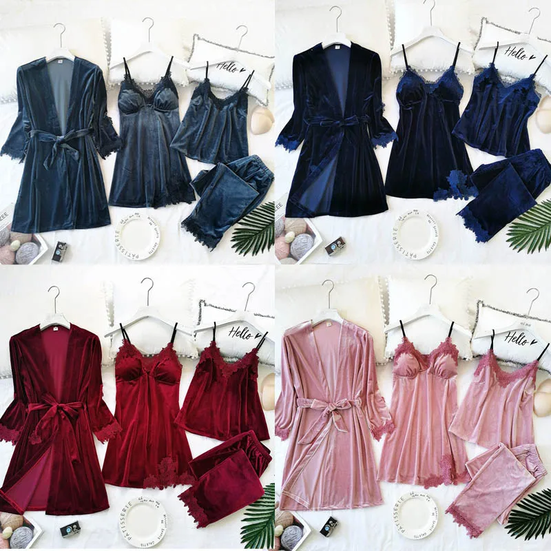 Женские пижамы сексуальный кружевной халат пижама золотой бархат 4 шт. пижамный