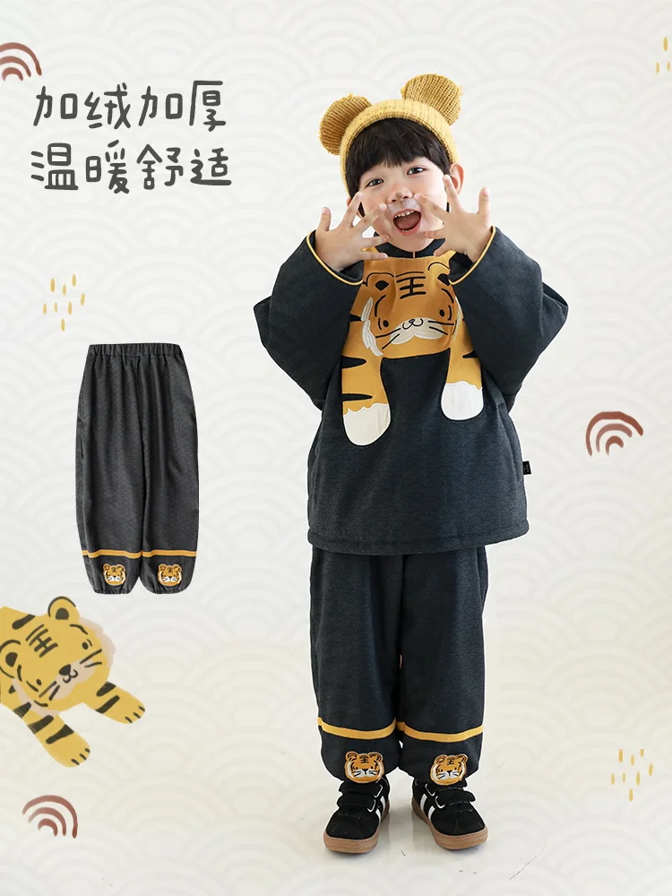 

Детские зимние Бархатные брюки, повседневные штаны для мальчиков с мультяшным рисунком, теплые штаны, полосатые штаны с прострочкой, детска...