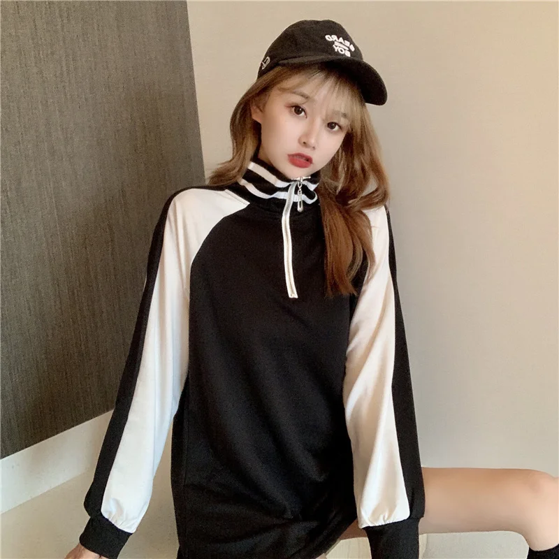 

Толстовки большого размера, осенняя одежда, толстовка средней длины с ложным воротником, Женская молния