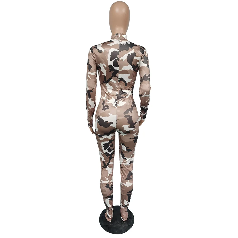 С капюшоном с камуфляжным принтом тонкий женский комбинезон воротник-стойка