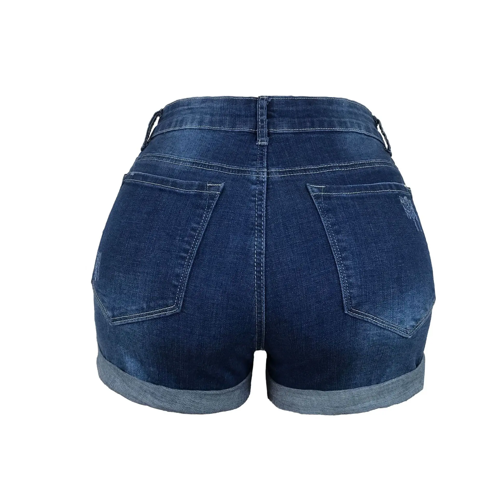 

Sexy High Waist Hole Blue Women Jeans Button Elastic Pocket Denim Cat Whisker Shorts Female Spring Summer Fashion 2021