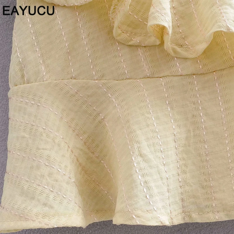 

EAYUCU women yellow sleeveless summer dress spaghetti straps v neck ruffles female beach wear mini dresses sashes ED001