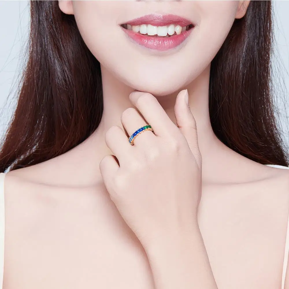 

Hot Sale Rainbow CZ Gold Ring For Women Fashion Engagement Wedding Quality Copper Charm Jewelry