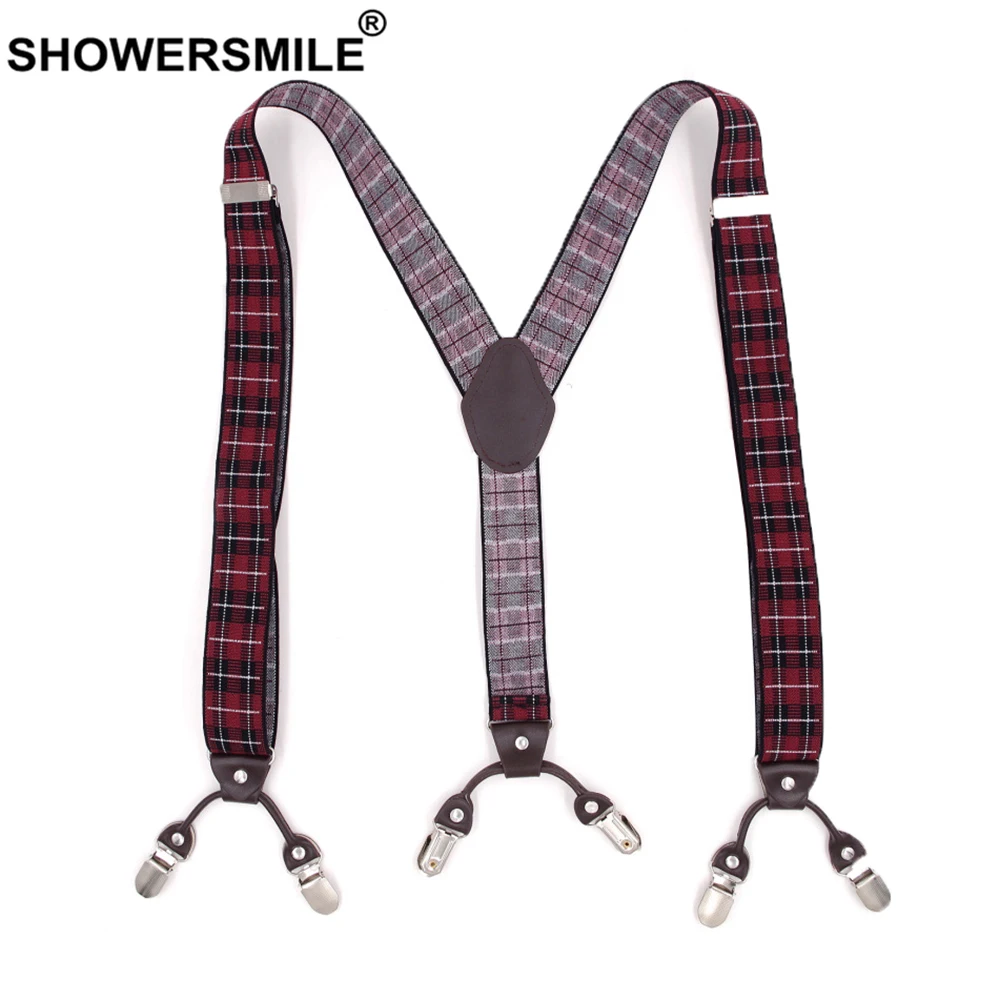 SHOWERSMILE мужские подтяжки для брюк в британском стиле красные подтяжки в клетку 6 Клипов жаккардовые деловые формальные эластичные кожаные мужские брюки