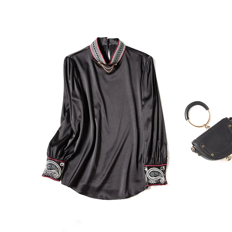 

European and American women's clothing spring 2021 new Long sleeve embroidered chain stand collar fashion Silk shirt
