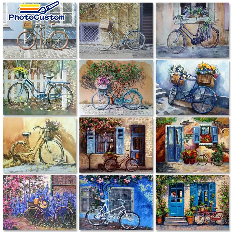 

PhotoCustom Oil Painting By Numbers For Adults Bicycle 60x75cm DIY Paint By Numbers On Canvas Scenery Frameless Home Decor
