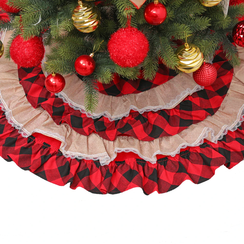 

120cm Christmas Tree Skirt Red And Black Plaid Design Xmas Tree Lace Dress Christmas Decoration For 2022 Happy New Year Supplies