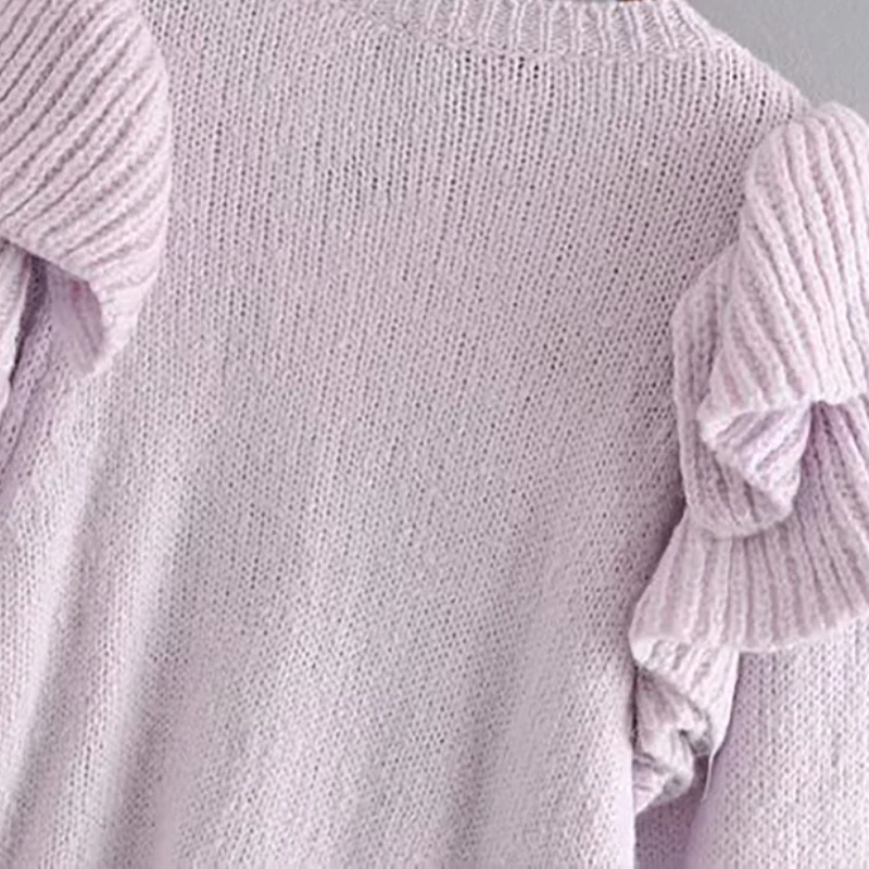 Женский милый гофрированный вязаный свитер с длинным рукавом и круглым вырезом
