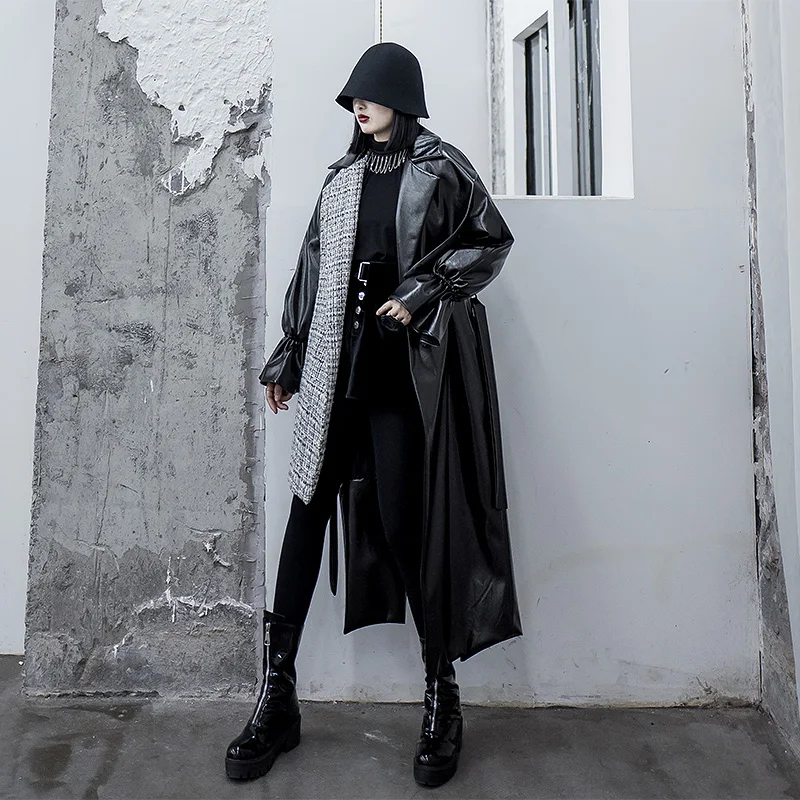 Женское твидовое пальто CHEERART длинное лоскутное из искусственной кожи и шерсти