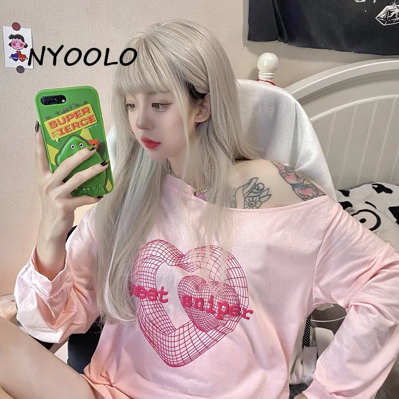 

NYOOLO Harajuku Sweet Love Heart Letters Print Off Shoulder Long Sleeve Y2k T-Shirt Women Clothes Autumn Sexy Pullovers Tops