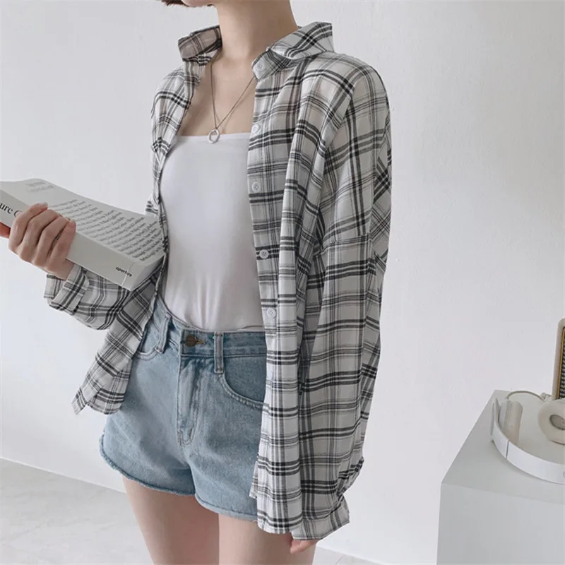 

New Pink plaid Shirt Oversize female Tops Women Long sleeve Linen Cotton Girls Blouse Autumn Plus Size Women Blouses Plaid femme